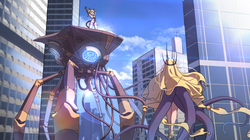 2girls arms_up black_leotard city commentary crop_top crown cthulhu cthulhu_mythos day fantasy floating hastur head_chain high_heels highres leotard looking_at_another mecha mechanical_arm mechanical_tail multiple_girls outdoors personification revealing_clothes rhasta scenery shirt standing t-shirt tail tentacles thigh-highs twintails veil white_legwear white_shirt