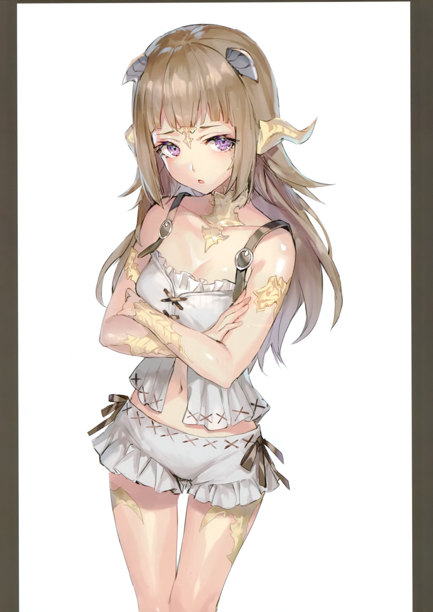 1girl :o absurdres au_ra babydoll bangs bloomers blush breasts brown_hair collarbone cowboy_shot cross-laced_clothes crossed_arms dragon_girl dragon_horns final_fantasy final_fantasy_xiv highres horns long_hair looking_at_viewer medium_breasts momoko_(momopoco) navel parted_lips scales scan sidelocks simple_background solo standing tail thigh_gap thighs underwear violet_eyes white_background