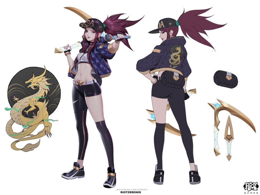 1girl akali asymmetrical_clothes asymmetrical_legwear baseball_cap belt breasts earrings fingerless_gloves full_body gloves hat highres holding holding_weapon idol jacket jewelry k/da_(league_of_legends) k/da_akali league_of_legends makeup microphone midriff nail_polish official_art open_clothes open_jacket ponytail purple_hair shoes small_breasts sneakers thigh-highs weapon