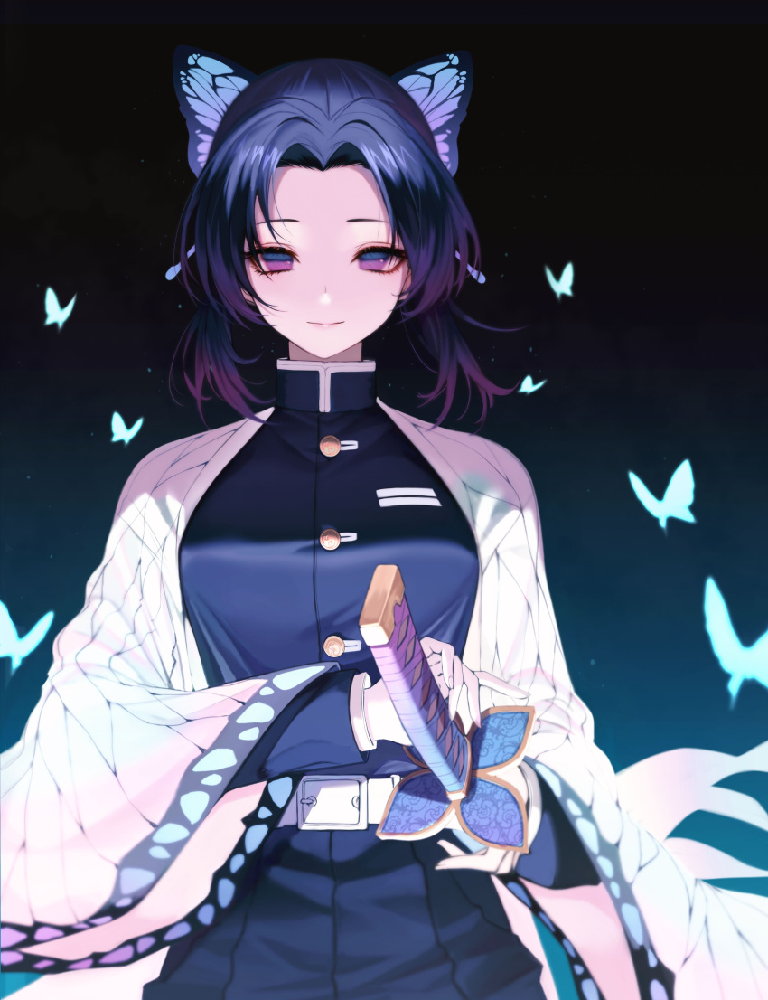 1girl absurdres belt black_hair black_skirt breasts butterfly_hair_ornament closed_mouth expressionless hair_ornament hand_on_hilt highres kimetsu_no_yaiba kochou_shinobu large_breasts looking_at_viewer multicolored_hair pro-p purple_hair sheath sheathed short_hair short_ponytail skirt solo sword two-tone_hair weapon
