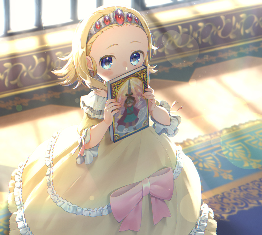 1girl absurdres anlucea backlighting blonde_hair blue_eyes blurry blush bokeh book bow cameo carpet child commentary_request covering_mouth day depth_of_field dragon_quest dragon_quest_iii dragon_quest_x dress feet_out_of_frame fingernails flipped_hair forehead frilled_dress frills gem glint hair_slicked_back hairband highres holding holding_book indoors looking_at_viewer off-shoulder_dress off_shoulder pink_bow pink_ribbon ribbon roto short_hair sleeves_past_elbows smile solo standing window window_shade yellow_dress younger yupiteru