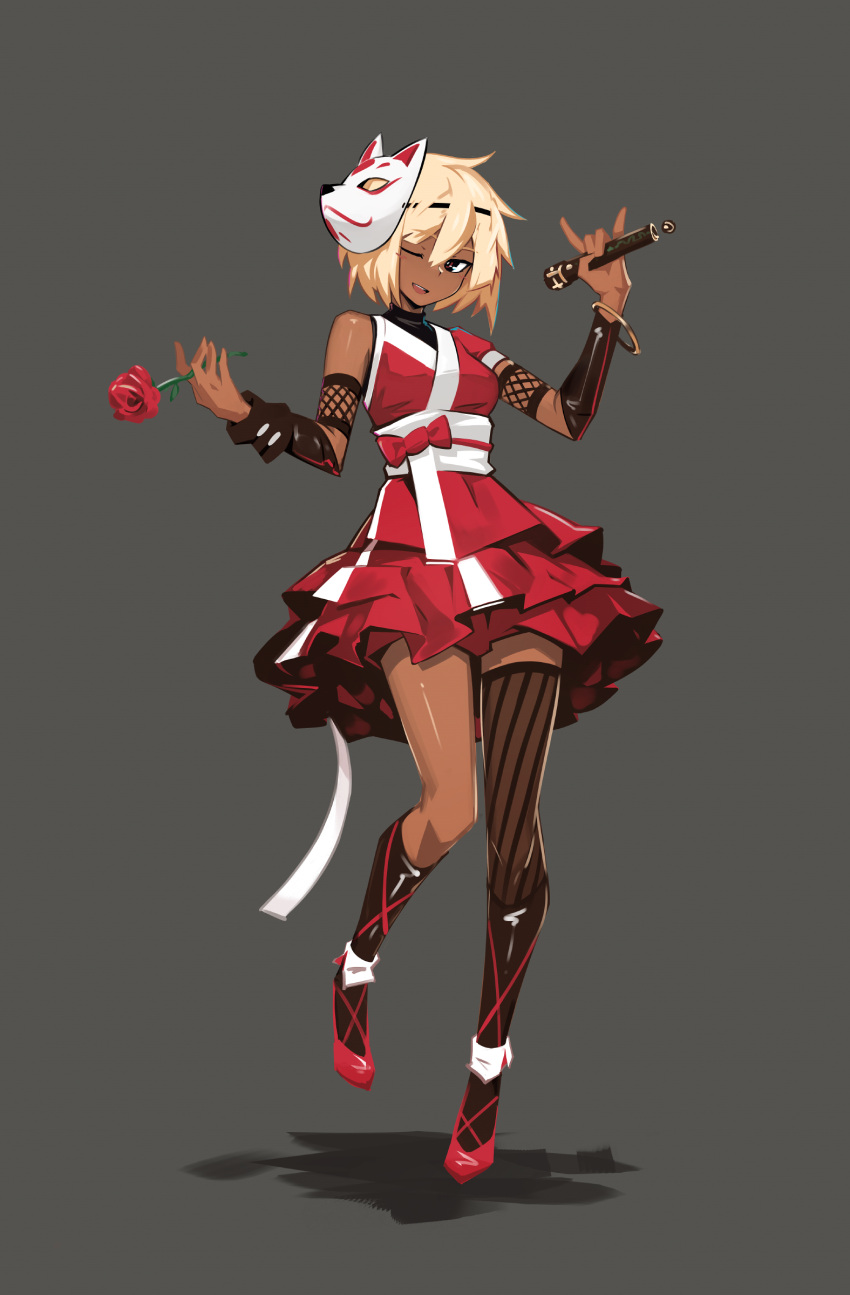 1girl absurdres asymmetrical_sleeves blonde_hair bow bracelet brown_eyes commentary commission dark_skin deel_(rkeg) flower fox_mask grey_background high_heels highres holding idol japanese_clothes jewelry kimono looking_at_viewer mask microphone ninja obi one_eye_closed open_mouth original red_bow rose sash short_hair short_kimono single_thighhigh skirt smile thigh-highs