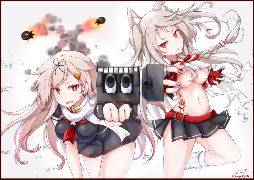 animal_ears artist_name azur_lane baileys_(tranquillity650) belt black_serafuku black_shirt black_skirt blonde_hair braid breasts claw_pose commentary_request eyebrows_visible_through_hair fingerless_gloves floating_hair gloves gun hair_between_eyes hair_flaps hair_ornament hair_ribbon hairclip highres holding holding_gun holding_weapon kantai_collection large_breasts leg_up long_hair looking_at_viewer multicolored multicolored_nails nail_polish neckerchief plaid plaid_skirt red_belt red_eyes red_neckwear remodel_(kantai_collection) ribbon scarf school_uniform serafuku shirt short_eyebrows short_sleeves side_braid signature silver_hair simple_background single_braid skirt tattoo thick_eyebrows torpedo under_boob v-shaped_eyebrows very_long_hair water_drop weapon white_background white_shirt wolf_ears wolf_girl yuudachi_(azur_lane) yuudachi_(kantai_collection)