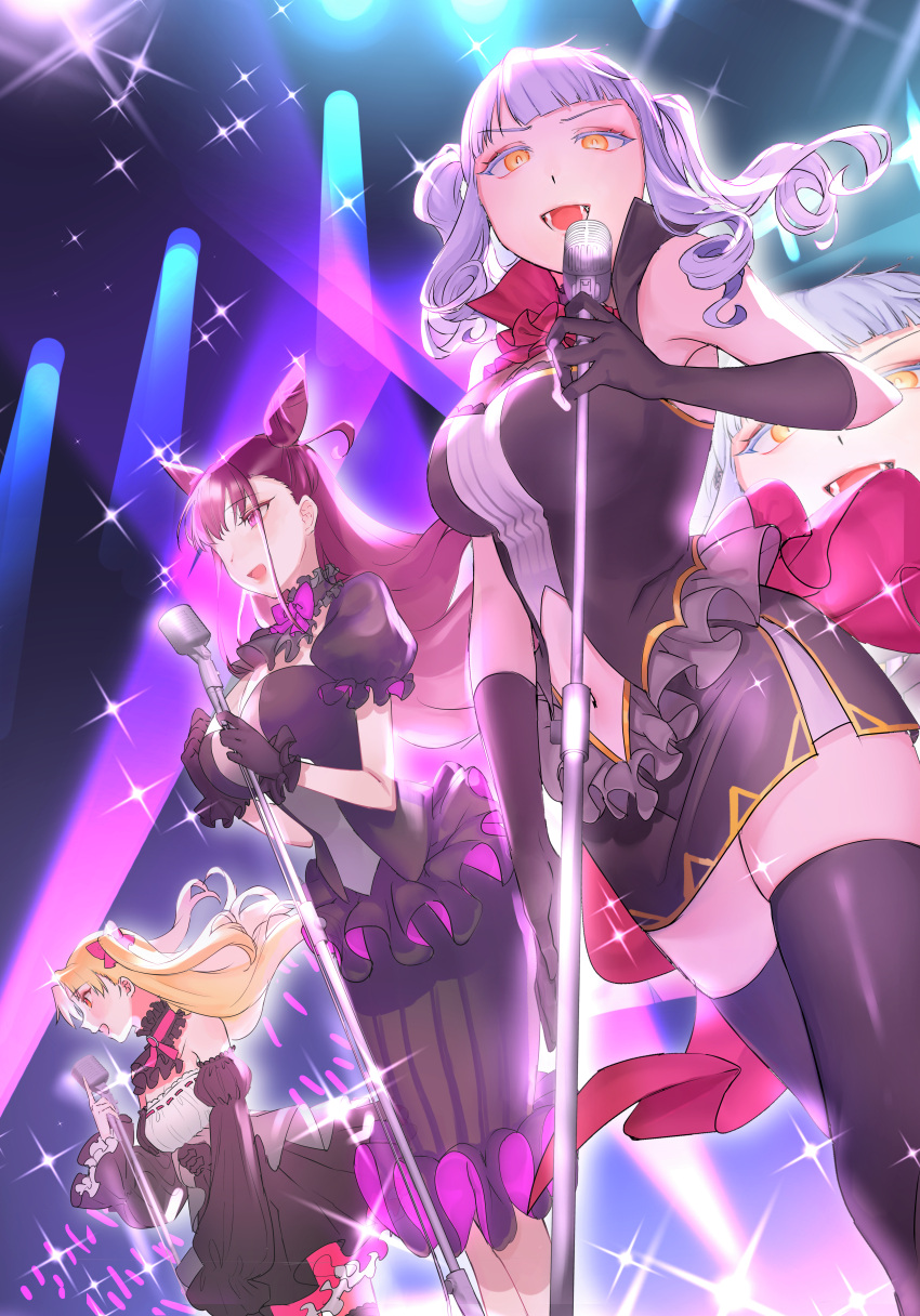 3girls absurdres blonde_hair breasts carmilla_(fate/grand_order) confetti ereshkigal_(fate/grand_order) fate/grand_order fate_(series) fingernails frilled_skirt frills gloves glowstick highres holding holding_microphone huge_filesize idol juliet_sleeves long_fingernails long_hair long_sleeves microphone microphone_stand mipizza_village multiple_girls murasaki_shikibu_(fate) music puffy_sleeves red_eyes sharp_fingernails silver_hair singing skindentation skirt smile stage stage_lights toosaka_rin twintails two_side_up very_long_hair violet_eyes yellow_eyes
