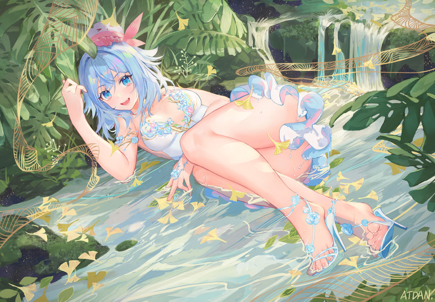 1girl :d artist_name atdan bare_legs bare_shoulders blue_eyes blue_hair breasts day dress haiyi hat high_heels jellyfish looking_at_viewer lying medium_breasts nature on_back open_mouth outdoors plant river sandals short_hair sleeveless sleeveless_dress smile solo strapless strapless_dress synthesizer_v thighs water wet white_dress