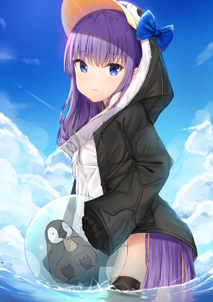 1girl absurdres animal_costume bachibachi_(tisen) bird black_legwear blue_bow blue_eyes blue_sky bow closed_mouth clouds day expressionless fate/grand_order fate_(series) highres long_hair long_sleeves looking_at_viewer meltryllis meltryllis_(swimsuit_lancer)_(fate) outdoors penguin penguin_costume purple_hair sidelocks sky sleeves_past_fingers sleeves_past_wrists solo thigh-highs very_long_hair wading water