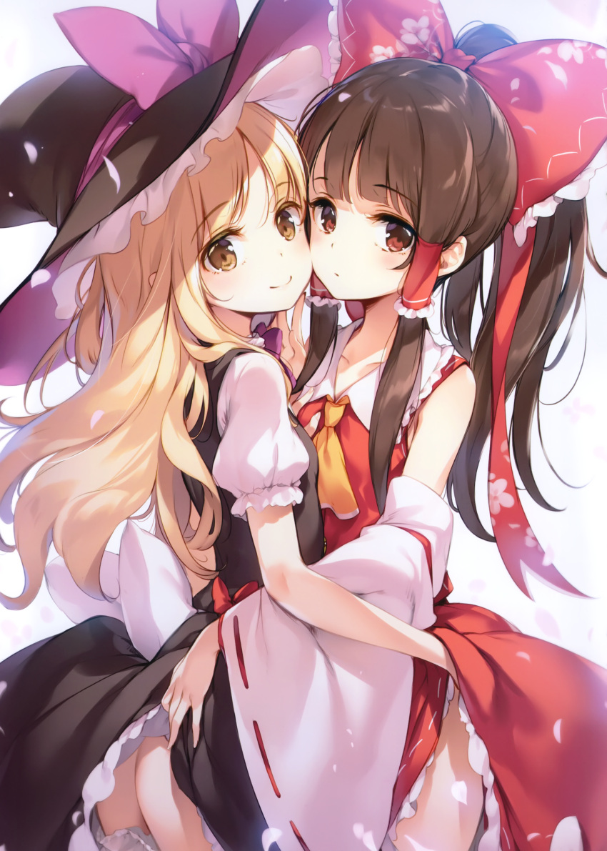 2girls absurdres ascot ass black_dress black_hair black_headwear black_skirt black_vest blonde_hair blush bow brown_eyes cheek-to-cheek collarbone cowboy_shot dress frilled_bow frilled_shirt_collar frills hair_bow hair_tubes hakurei_reimu hat hat_bow highres hug ke-ta kirisame_marisa lifted_by_another long_hair looking_back multiple_girls petticoat ponytail puffy_short_sleeves puffy_sleeves purple_bow red_bow red_eyes red_skirt scan shirt short_sleeves sidelocks simple_background skirt skirt_lift skirt_set smile standing touhou vest white_background white_shirt witch_hat yellow_neckwear yuri