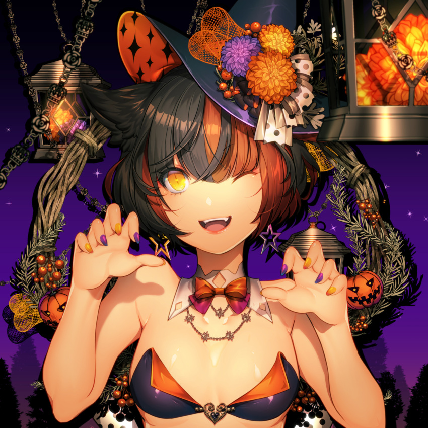 1girl ;d animal_ears bangs barefoot bikini_top black_hair black_headwear bow bowtie breasts breda_30 cat_ears claw_pose detached_collar domco earrings eyebrows_visible_through_hair fangs flower halloween hat hat_flower highres jack-o'-lantern jewelry lantern lips medium_breasts necklace one_eye_closed open_mouth orange_bow orange_eyes orange_flower orange_hair orange_nails original purple_flower purple_nails redhead short_hair slit_pupils smile solo star star_earrings upper_body witch_hat