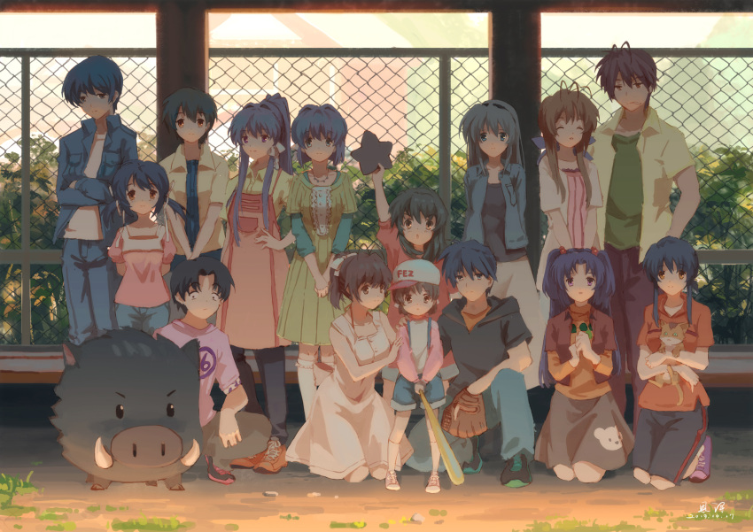 4boys 6+girls :o ^_^ animal antenna_hair apron arm_up arms_behind_back bangs baseball_bat baseball_cap baseball_mitt black_hair blue_hair blue_jacket blue_pants blue_shorts boar botan_(clannad) brown_eyes brown_hair cat chain-link_fence character_request child clannad closed_eyes closed_mouth collarbone commentary_request crossed_arms dated denim dress everyone eyebrows_visible_through_hair fence green_dress hair_bobbles hair_intakes hair_ornament hair_ribbon hand_on_hip hat highres holding holding_animal hood hood_down jacket jeans jewelry kneehighs kneeling long_hair long_sleeves looking_at_viewer making-of_available multiple_boys multiple_girls necklace one_knee open_clothes open_jacket orange_footwear outdoors own_hands_together pants ponytail puffy_short_sleeves puffy_sleeves ribbon shirt shoes short_hair short_over_long_sleeves short_sleeves shorts sidelocks signature skirt sleeveless sleeveless_dress smile sneakers squatting standing star suspender_shorts suspenders t-shirt twintails two_side_up violet_eyes white_dress white_legwear white_ribbon white_skirt xiaobanbei_milk yellow_shirt
