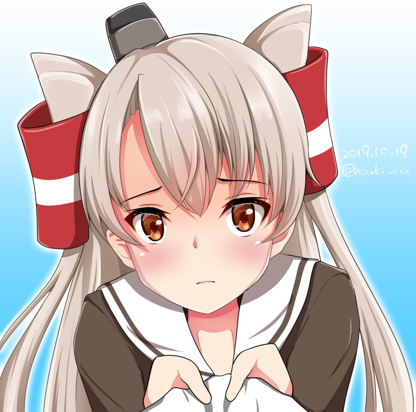 1girl amatsukaze_(kantai_collection) blush brown_dress brown_eyes closed_mouth dress eyebrows_visible_through_hair gradient gradient_background hair_between_eyes hair_tubes hat highres kantai_collection lifebuoy long_hair looking_at_viewer mini_hat sailor_dress silver_hair tonbury two_side_up windsock