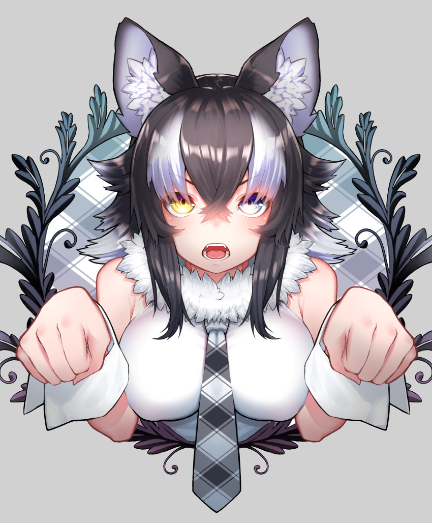 1girl absurdres animal_ear_fluff animal_ears bangs bare_arms bare_shoulders black_hair blue_eyes breasts covered_nipples fangs flipped_hair fur_collar grey_wolf_(kemono_friends) hair_between_eyes hands_up heterochromia highres kemono_friends long_hair looking_at_viewer multicolored_hair open_mouth paw_pose plaid_neckwear shirt sleeveless sleeveless_shirt solo st.takuma two-tone_hair upper_body v-shaped_eyebrows white_hair wolf_ears wrist_cuffs yellow_eyes
