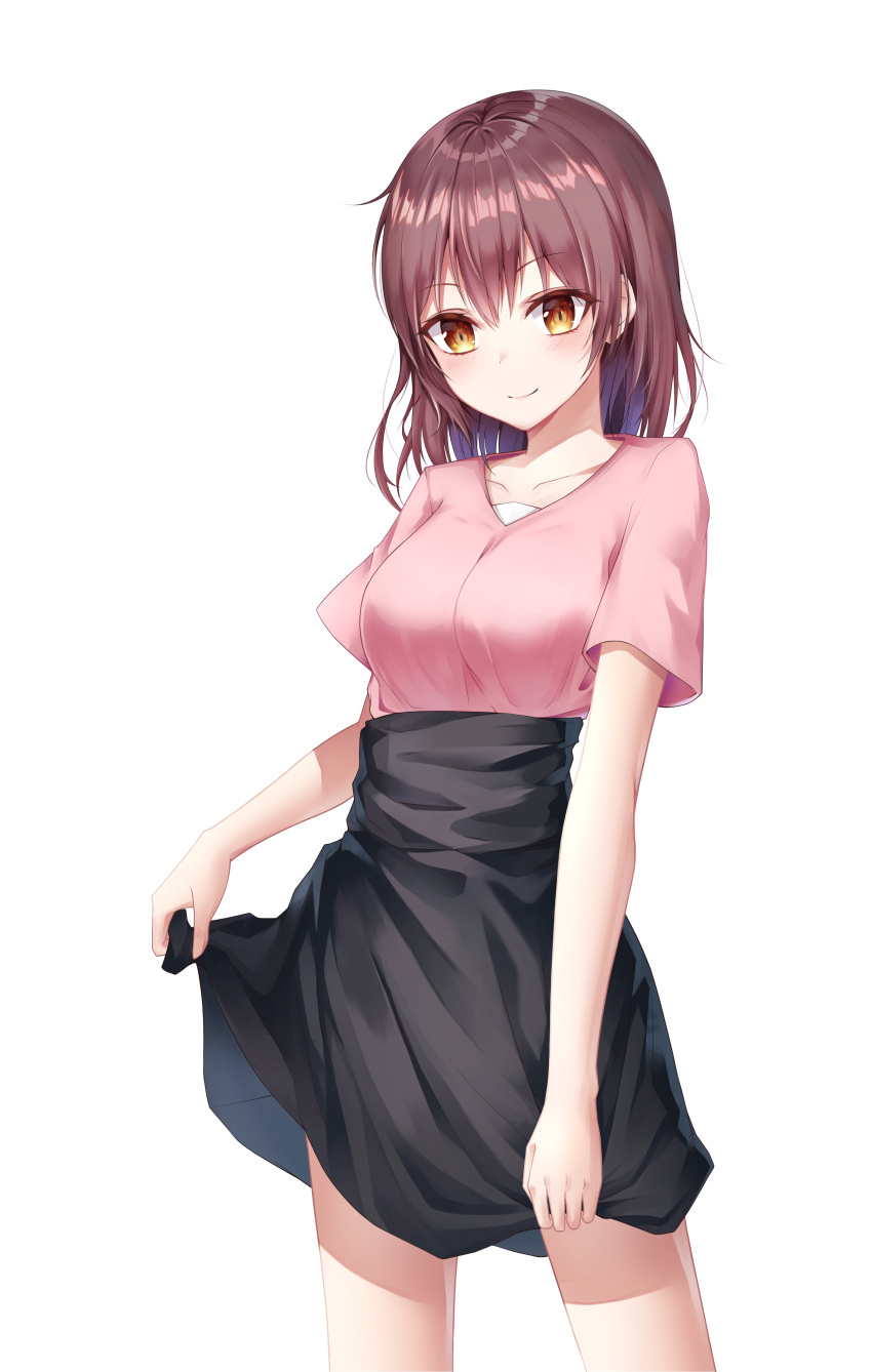 1girl absurdres black_skirt breasts brown_hair collarbone commentary_request eyebrows_visible_through_hair gyungsin highres looking_at_viewer medium_breasts medium_hair original pink_shirt red_eyes shirt short_sleeves simple_background skirt smile white_background