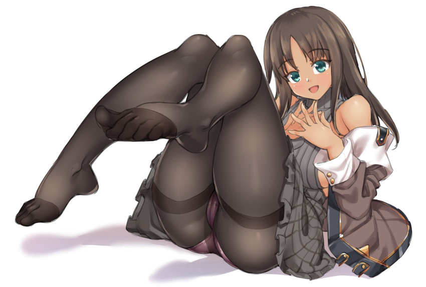 1girl :d alice_gear_aegis ass black_legwear brown_hair commentary_request eyebrows_visible_through_hair fingers_together foreshortening full_body green_eyes highres kaneshiya_sitara long_hair lying off_shoulder open_mouth own_hands_together panties panties_under_pantyhose pantyhose pink_panties shirokuma_a sidelocks simple_background smile solo thighband_pantyhose underwear white_background
