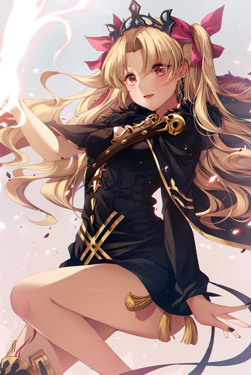 1girl bangs belt black_dress black_nails blonde_hair breasts cape dress earrings ereshkigal_(fate/grand_order) fate/grand_order fate_(series) fur_collar gold_trim grey_background hair_ribbon highres jewelry long_hair looking_at_viewer magic medium_breasts nail_polish open_mouth parted_bangs red_eyes ribbon single_thighhigh skull smile solo thigh-highs thighs tiara ttosom two_side_up wavy_hair