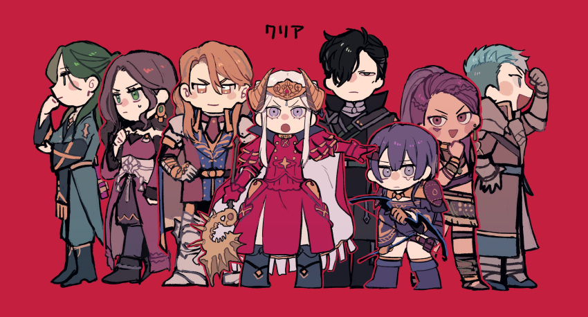 4boys 4girls absurdres arm_up armor bernadetta_von_varley black_coat black_eyes black_hair blue_eyes blue_hair boots bow_(weapon) brown_hair c4vknggjci51182 cape caspar_von_bergliez chibi chibi_only clenched_hand closed_mouth coat collared_coat collared_jacket commentary_request dark-skinned_female dark_skin dorothea_arnault dress earrings edelgard_von_hresvelg fake_horns ferdinand_von_aegir fire_emblem fire_emblem:_three_houses friends from_side green_eyes green_hair hair_between_eyes hair_over_one_eye hand_on_own_chin hand_on_own_hip hand_up headpiece high_ponytail highres holding holding_bow_(weapon) holding_weapon horns hubert_von_vestra jacket jewelry linhardt_von_hevring long_hair long_sleeves looking_at_viewer looking_to_the_side multiple_boys multiple_girls orange_eyes orange_hair pants parted_bangs petra_macneary ponytail purple_hair red_background red_cape red_dress short_hair skirt standing sweatdrop tearing_up violet_eyes wavy_hair weapon white_hair