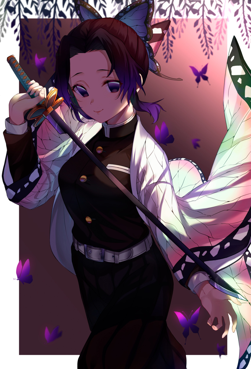 1girl absurdres bangs belt black_hair breasts bug butterfly butterfly_hair_ornament commentary_request hair_ornament haori highres holding holding_sword holding_weapon insect japanese_clothes jun_(540000000000000) katana kimetsu_no_yaiba kochou_shinobu long_sleeves looking_at_viewer multicolored_hair parted_bangs purple_hair short_hair smile solo sword uniform violet_eyes weapon white_belt