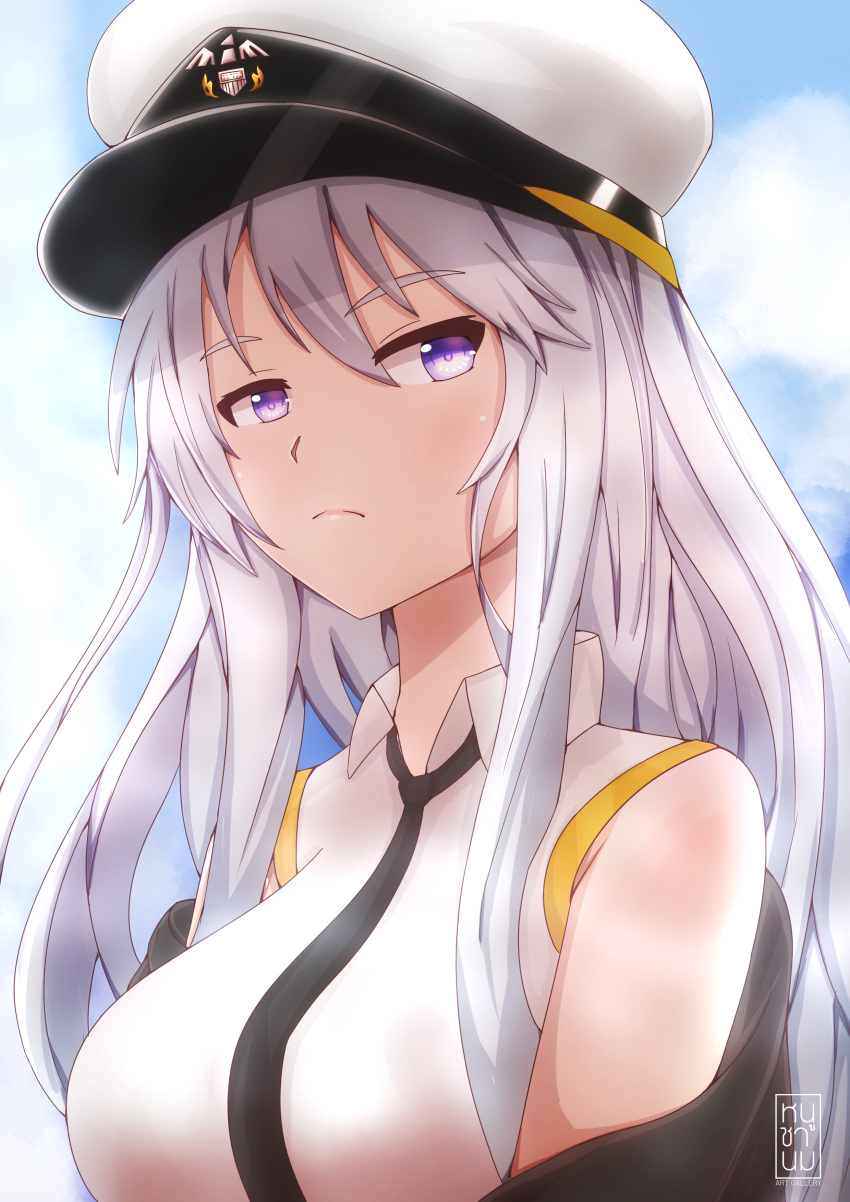 1girl absurdres azur_lane black_coat black_neckwear blue_sky breasts closed_mouth clouds coat commentary_request enterprise_(azur_lane) eyebrows_visible_through_hair grey_hair hat highres large_breasts military_hat open_clothes open_coat peaked_cap rat_cu~ shirt sky sleeveless sleeveless_shirt violet_eyes white_headwear