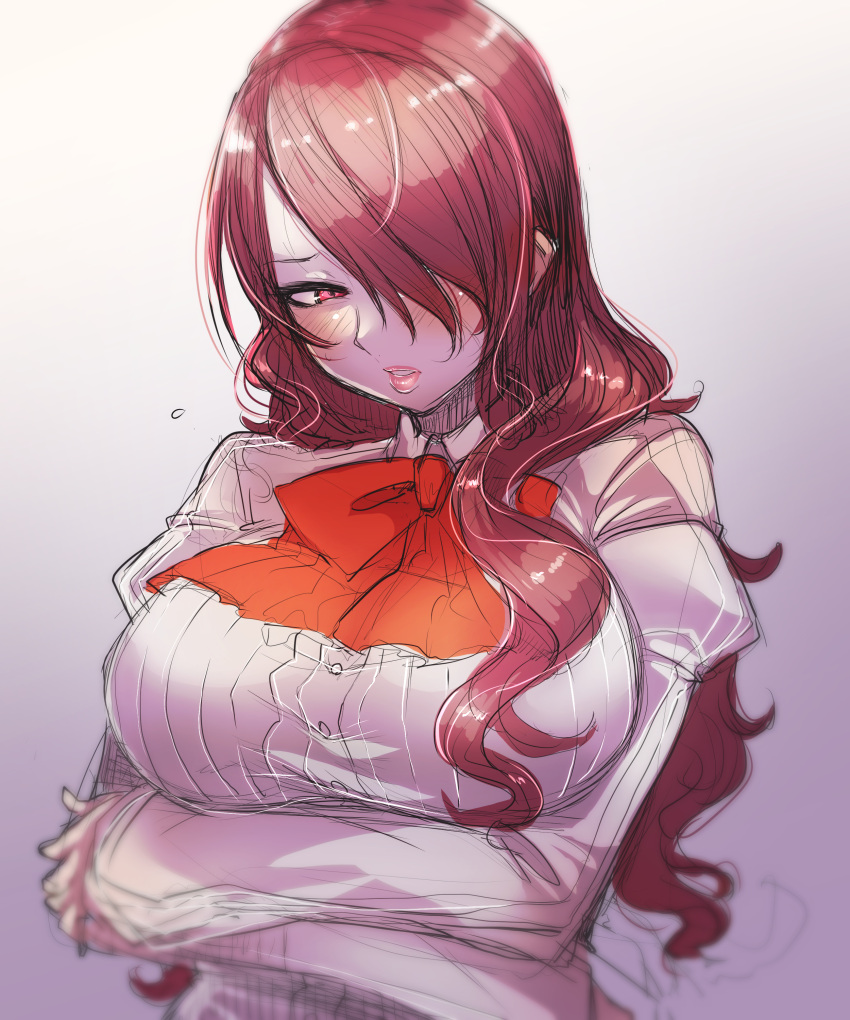 1girl absurdres bakuya blush bow breast_hold breasts flying_sweatdrops hair_over_one_eye highres kirijou_mitsuru lips long_hair looking_away parted_lips persona persona_3 red_bow red_eyes redhead sketch solo