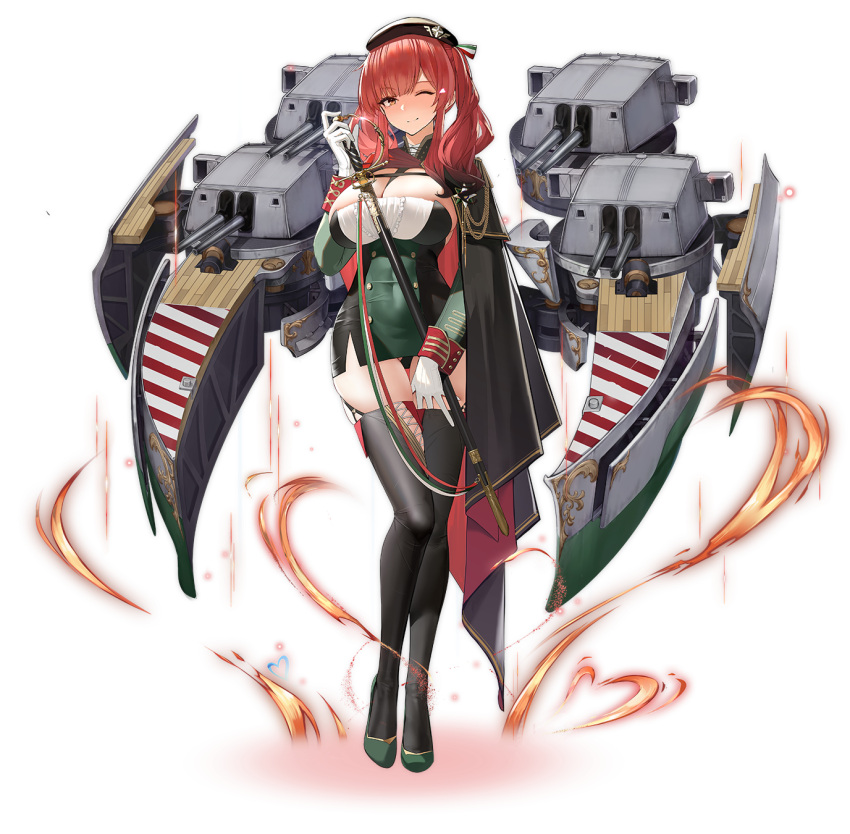 1girl aiguillette azur_lane bangs beret between_breasts black_cloak black_hair black_headwear black_legwear blush breasts brown_eyes buttons cannon cape cleavage cloak closed_mouth covered_navel dress expression_chart eyebrows_visible_through_hair female fire full_body glint gloves gradient_hair green_dress green_footwear hand_in_thighhighs hat heart high_heels high_resolution holding holding_sword holding_weapon long_hair long_sleeves medal military military_uniform mr_cloud multicolored_hair official_art red_hair rigging saber_(weapon) sheath sheathed shoes short_dress side_slit sidelocks skindentation sleeve_cuffs standing sword tachi-e taut_clothes taut_dress thigh-highs transparent_background turret uniform weapon white_gloves wink zara_(azur_lane)