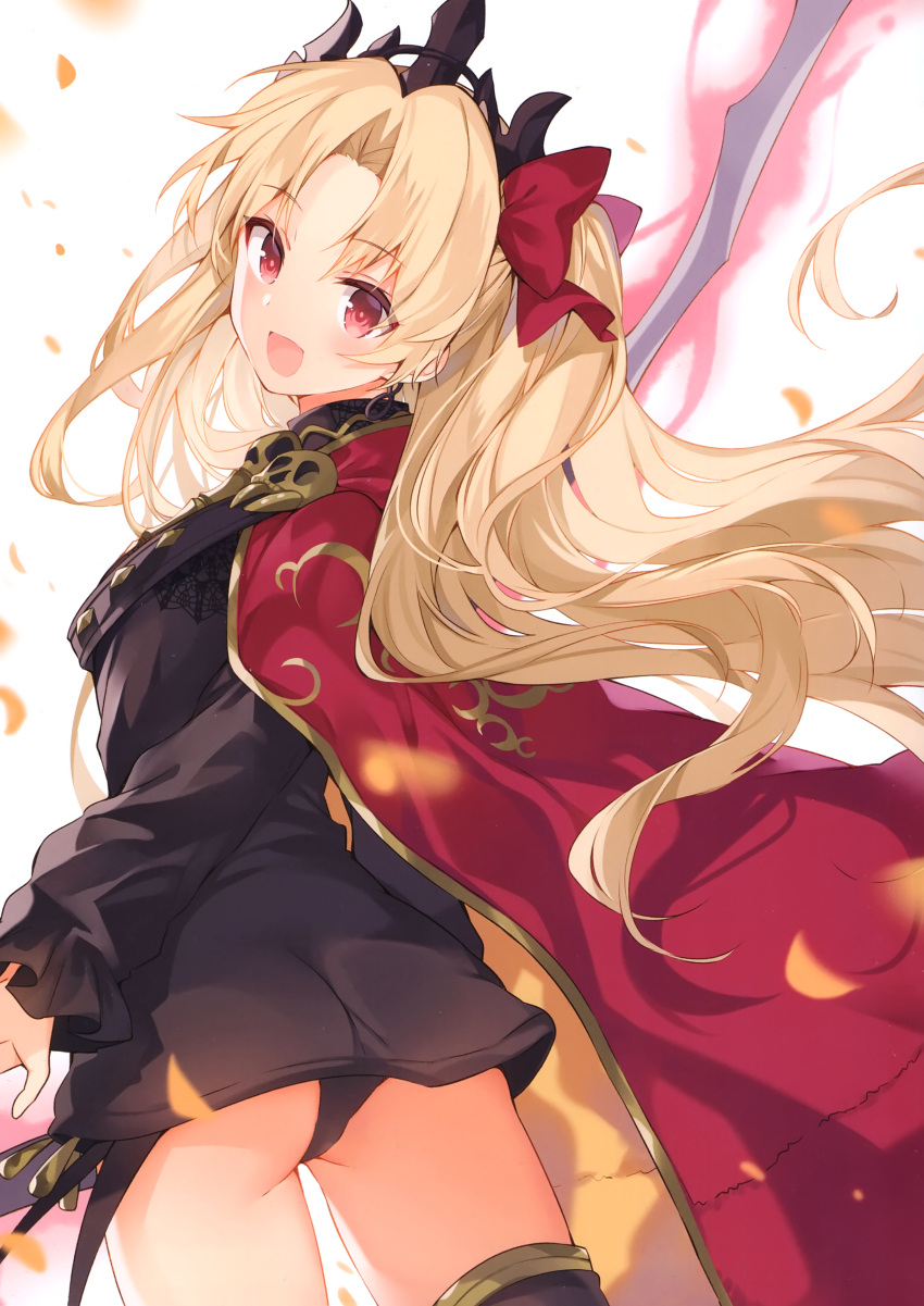 1girl :d absurdres ass bangs belt black_dress black_legwear black_panties blonde_hair blush bow breasts cape cowboy_shot dress earrings ereshkigal_(fate/grand_order) eyebrows_visible_through_hair fate/grand_order fate_(series) floating_hair gold_trim hair_bow hair_ornament hair_ribbon highres infinity jewelry long_hair long_sleeves looking_at_viewer meslamtaea_(weapon) mishima_kurone non-web_source open_mouth panties pantyshot pantyshot_(standing) parted_bangs red_bow red_cape red_eyes ribbon scan simple_background single_thighhigh skull smile solo standing thigh-highs thighs tiara two_side_up underwear upskirt very_long_hair wavy_hair white_background wind wind_lift