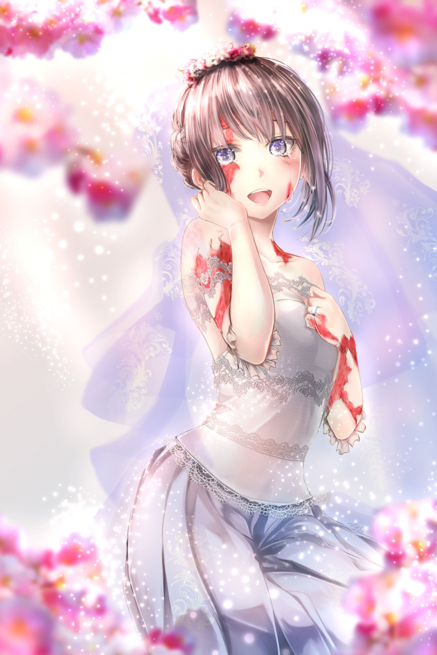 1girl :d absurdres bare_shoulders black_hair blurry_foreground bridal_veil bride burn_scar crescent_light dorei_to_no_seikatsu_~teaching_feeling~ dress flower_wreath hair_up hand_on_own_chest happy happy_tears highres jewelry looking_at_viewer open_mouth ring scar smile solo strapless strapless_dress sylvie_(dorei_to_no_seikatsu) tears veil violet_eyes wedding_band wedding_dress white_dress wreath