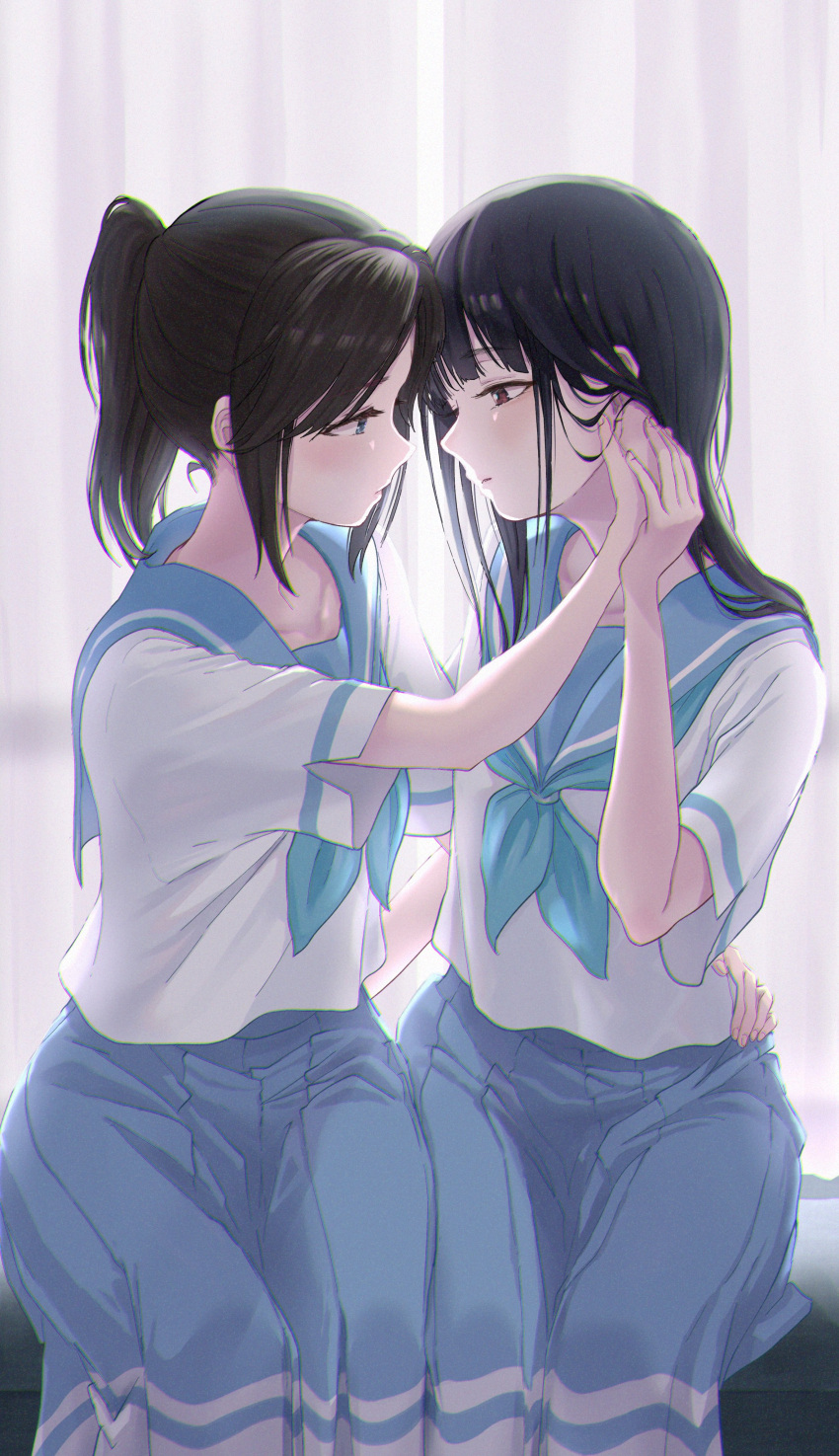 2girls absurdres bangs black_hair blue_eyes blue_skirt brown_eyes eye_contact face-to-face hand_on_another's_back hasisisissy hibike!_euphonium highres indoors kasaki_nozomi looking_at_another multiple_girls neckerchief ponytail school_uniform serafuku shirt short_sleeves sitting skirt white_shirt yoroizuka_mizore yuri