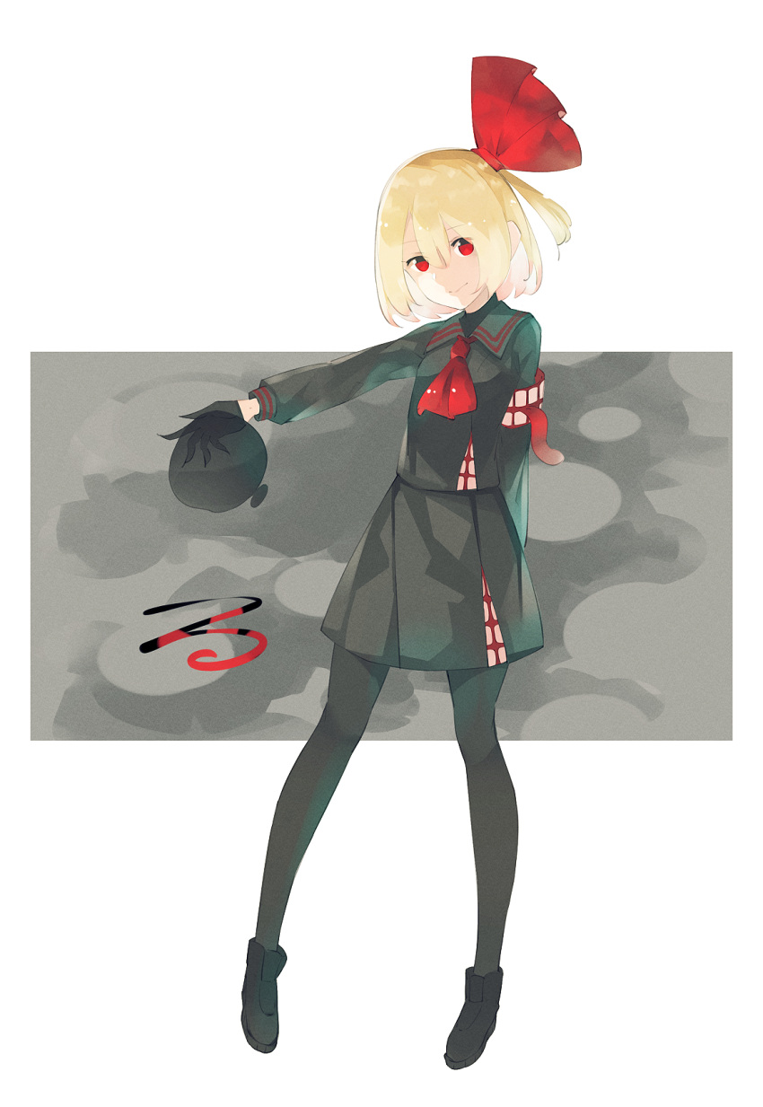 1girl alternate_costume armband black_footwear black_gloves black_legwear black_shirt black_skirt blonde_hair commentary_request darkness gloves hair_ribbon half_gloves highres long_sleeves mouth o_(crazyoton46) outstretched_arm pleated_skirt red_eyes red_neckwear red_ribbon ribbon rumia sailor_collar shirt short_hair skirt solo tongue touhou white_background