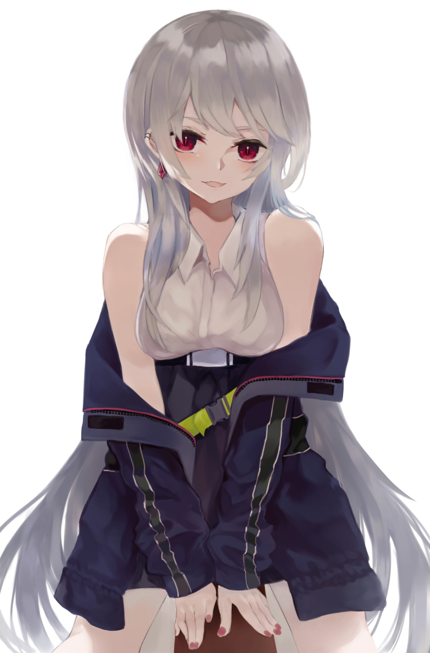 1girl absurdres bangs bare_shoulders belt black_belt black_skirt blue_jacket book breasts earrings eyebrows_behind_hair fang grey_hair high-waist_skirt highres jacket jewelry long_hair looking_at_viewer medium_breasts nail_polish off_shoulder ogami_ren open_clothes open_jacket original parted_lips red_eyes red_nails shirt simple_background skirt sleeveless sleeveless_shirt smile solo very_long_hair white_background white_shirt