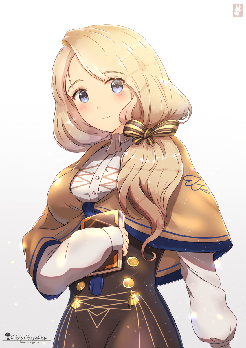 1girl blonde_hair blue_eyes blush book breasts chinchongcha fire_emblem fire_emblem:_three_houses garreg_mach_monastery_uniform hair_ribbon highres long_hair looking_at_viewer medium_breasts mercedes_von_martritz ribbon shawl signature simple_background tagme white_background