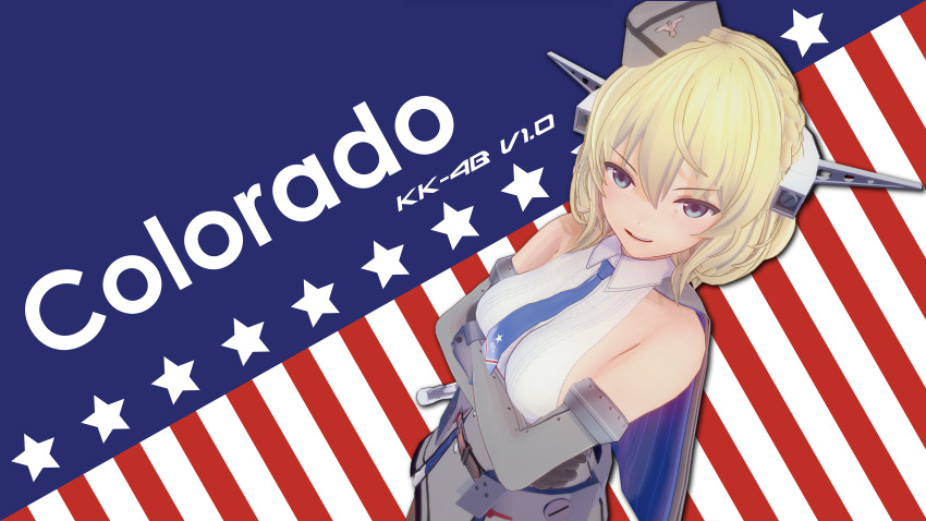 1girl 4beraser absurdres american_flag black_gloves black_legwear blonde_hair blue_eyes blue_neckwear breasts capelet character_name colorado_(kantai_collection) commentary_request dress elbow_gloves from_above garrison_cap gloves grey_dress grey_headwear hat headgear highres kantai_collection large_breasts necktie pantyhose pleated_dress shirt short_hair side_braids sideboob sleeveless smile white_shirt