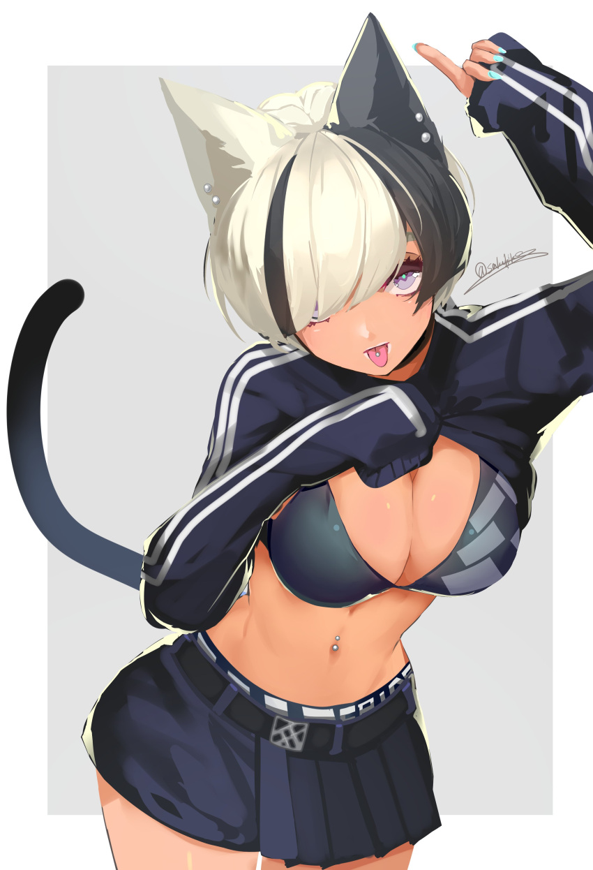 1girl absurdres animal_ears belt black_bra bra breasts cat_ears cat_tail character_request copyright_request hair_over_one_eye highres index_finger_raised large_breasts looking_at_viewer miniskirt multicolored_hair navel navel_piercing piercing sakuhiko shirt_lift short_hair signature skirt sleeves_past_wrists solo tail tan tongue tongue_out tongue_piercing two-tone_hair underwear