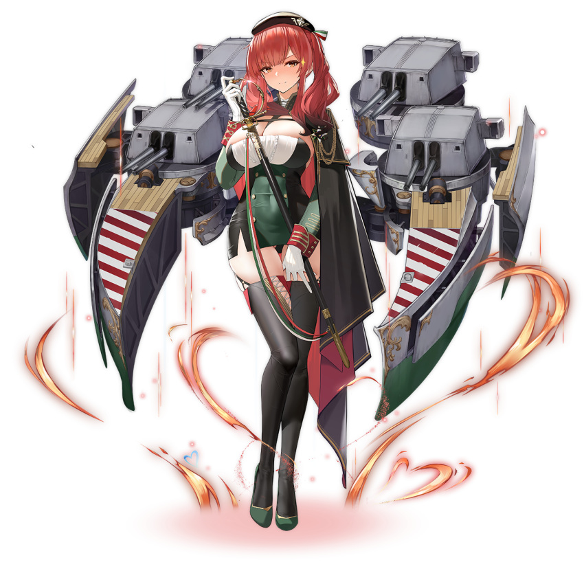 1girl aiguillette azur_lane bangs beret between_breasts black_cloak black_hair black_headwear black_legwear blush breasts brown_eyes buttons cannon cape cleavage cloak closed_mouth covered_navel dress expression_chart eyebrows_visible_through_hair female fire full_body glint gloves gradient_hair green_dress green_footwear hand_in_thighhighs hat heart high_heels high_resolution holding holding_sword holding_weapon long_hair long_sleeves medal military military_uniform mr_cloud multicolored_hair official_art red_hair rigging saber_(weapon) sheath sheathed shoes short_dress side_slit sidelocks skindentation sleeve_cuffs standing sword tachi-e taut_clothes taut_dress thigh-highs transparent_background turret uniform weapon white_gloves zara_(azur_lane)