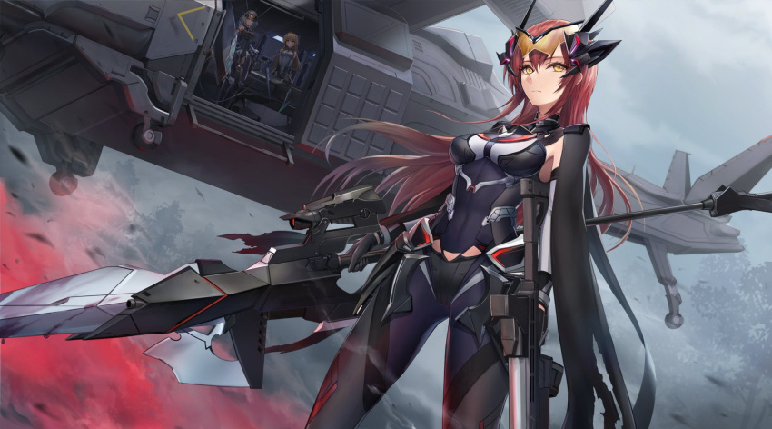 3girls aircraft armor assault_rifle bangs blonde_hair bodysuit breasts cloak closed_mouth clouds cloudy_sky expressionless eyebrows_visible_through_hair eyewear_on_head fire goggles gun hair_between_eyes hair_ornament headgear helicopter highres holding holding_gun holding_spear holding_weapon large_breasts long_hair looking_at_viewer mecha_musume morichika_shuuto multiple_girls original outdoors polearm redhead rifle science_fiction sidelocks sky smoke spear very_long_hair weapon yellow_eyes