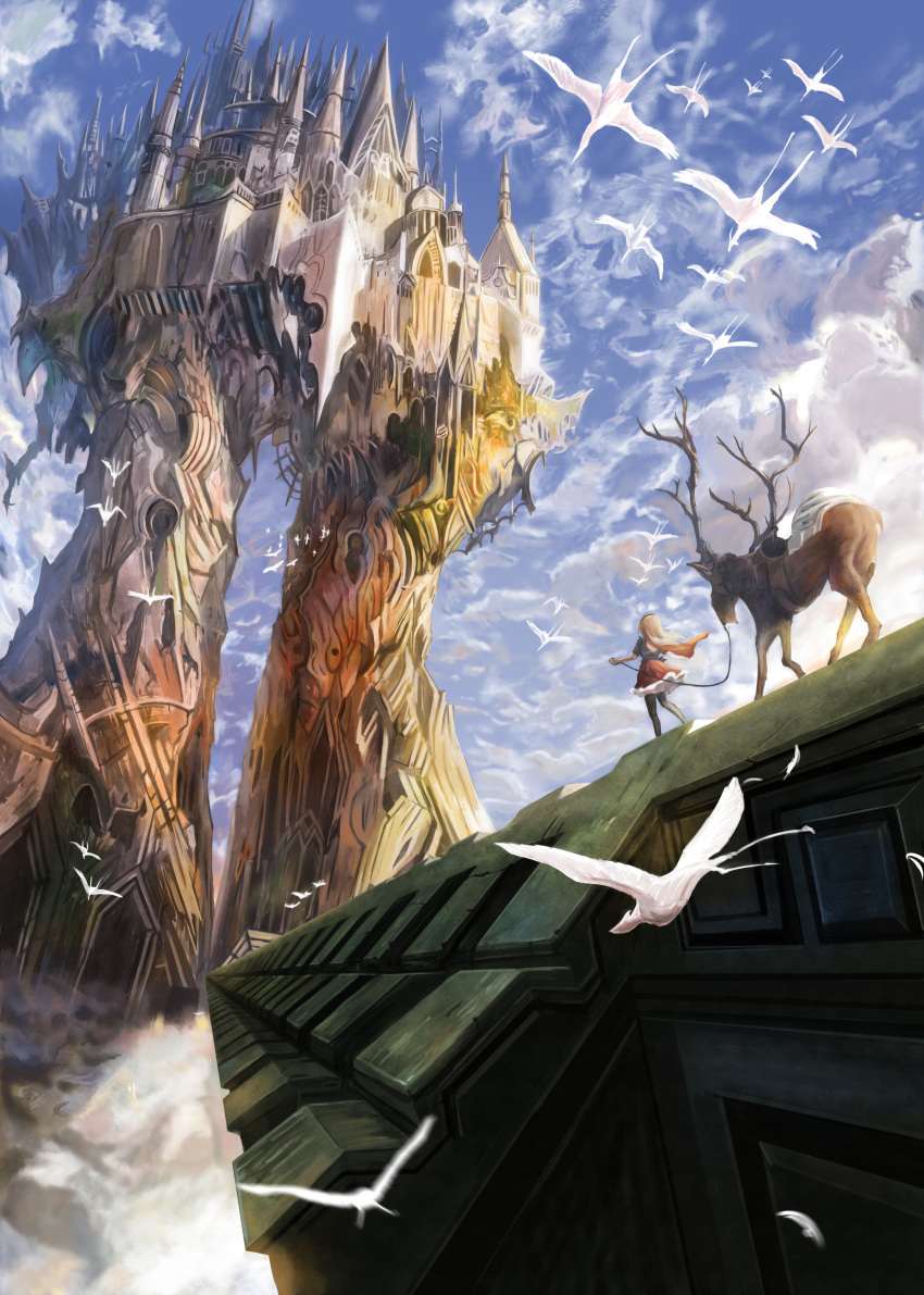 1girl absurdres animal antlers bird black_legwear black_shirt blonde_hair blue_sky building cape castle clouds cloudy_sky commentary_request day derivative_work facing_away fantasy floating_hair flock highres long_hair original outdoors red_scarf red_skirt reins saddle scarf scenery shirt short_sleeves skirt sky solo taka_(takahirokun) thigh-highs wide_shot