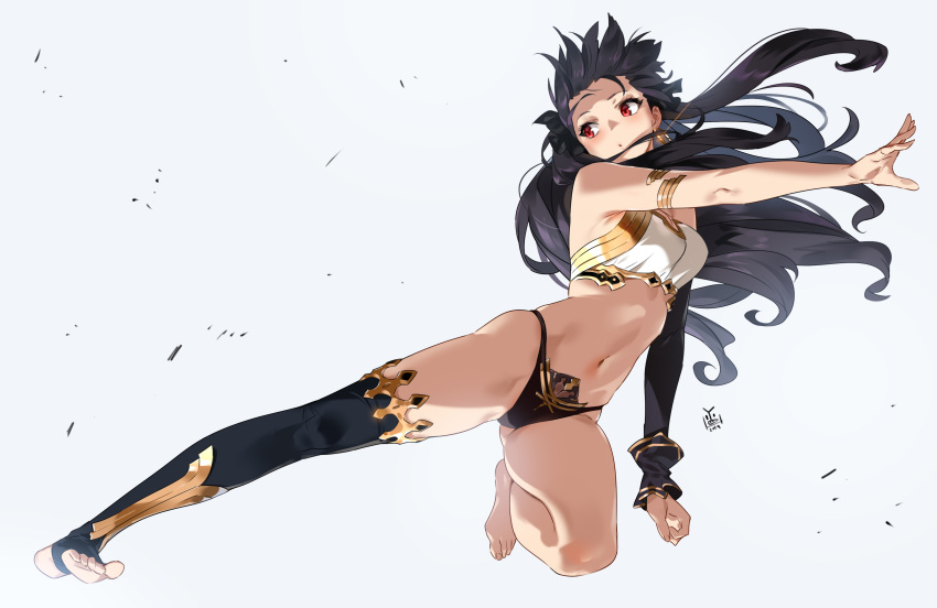 1girl absurdres armlet asymmetrical_legwear asymmetrical_sleeves bangs bare_shoulders barefoot bikini black_bikini_bottom black_hair blush breasts detached_sleeves earrings fate/grand_order fate_(series) feet flying_kick highleg highleg_bikini highres hoop_earrings ishtar_(fate/grand_order) jewelry kicking legs long_hair long_legs medium_breasts navel neck_ring open_mouth parted_bangs pelvic_curtain red_eyes simple_background single_detached_sleeve single_thighhigh solo swimsuit thigh-highs thighs tiara toeless_legwear two_side_up white_background white_bikini_top yang-do