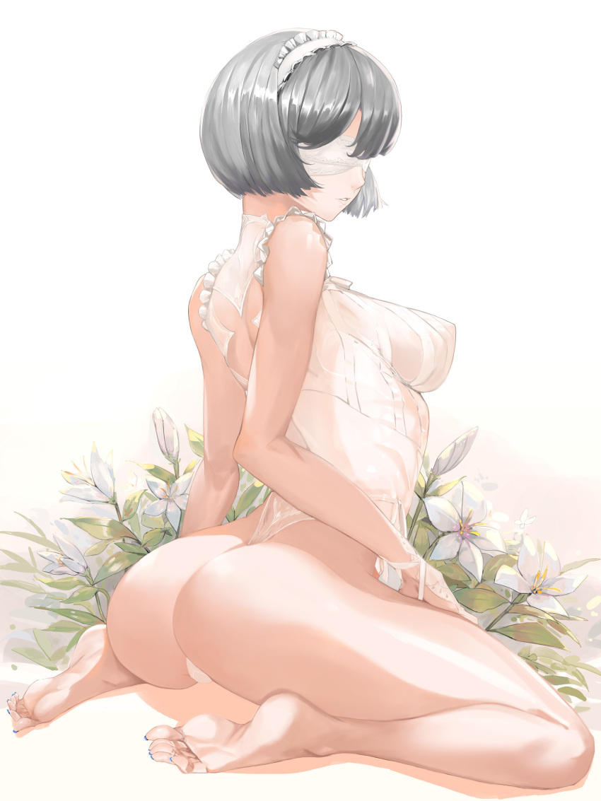 1girl absurdres arm_at_side ass bamuth bare_legs bare_shoulders barefoot blindfold blue_nails breasts covered_nipples facing_viewer feet flower frilled_leotard frills from_behind from_side green_hair hand_on_lap highleg highleg_leotard highres leotard lily_(flower) maid_headdress medium_breasts mole mole_under_mouth nail_polish nier_(series) nier_automata nose parted_lips short_hair simple_background sitting soles solo thong_leotard toenail_polish toenails toes turtleneck wariza white_background white_blindfold white_flower white_leotard yorha_no._2_type_b
