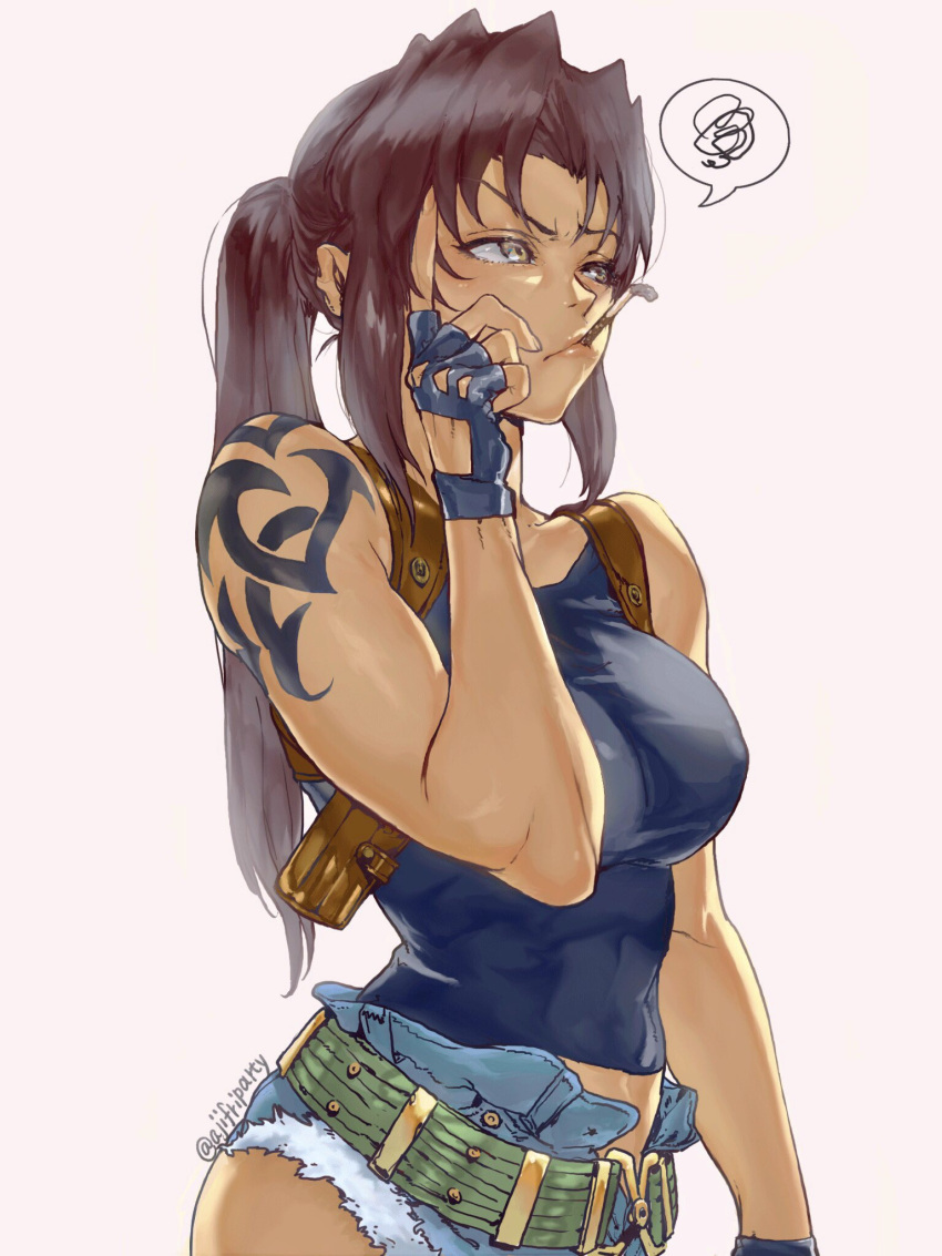 1girl ajifriparty belt black_lagoon brown_eyes brown_hair cigarette covered_nipples denim denim_shorts fingerless_gloves gloves highres holster looking_to_the_side ponytail revy_(black_lagoon) shorts shoulder_holster smoking solo tank_top tattoo toned unbuttoned white_background