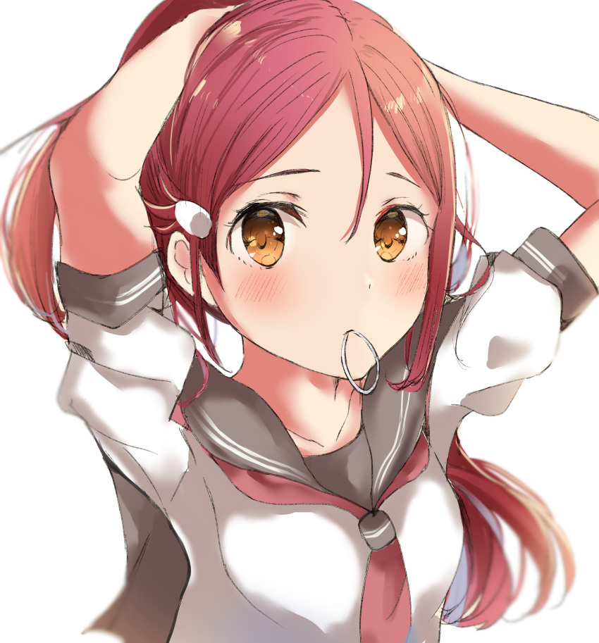 1girl absurdres arms_up blurry depth_of_field hair_ornament hairclip highres looking_at_viewer love_live! love_live!_sunshine!! ponytail redhead sakurauchi_riko school_uniform sunya_(honorin-yuunibo) upper_body uranohoshi_school_uniform