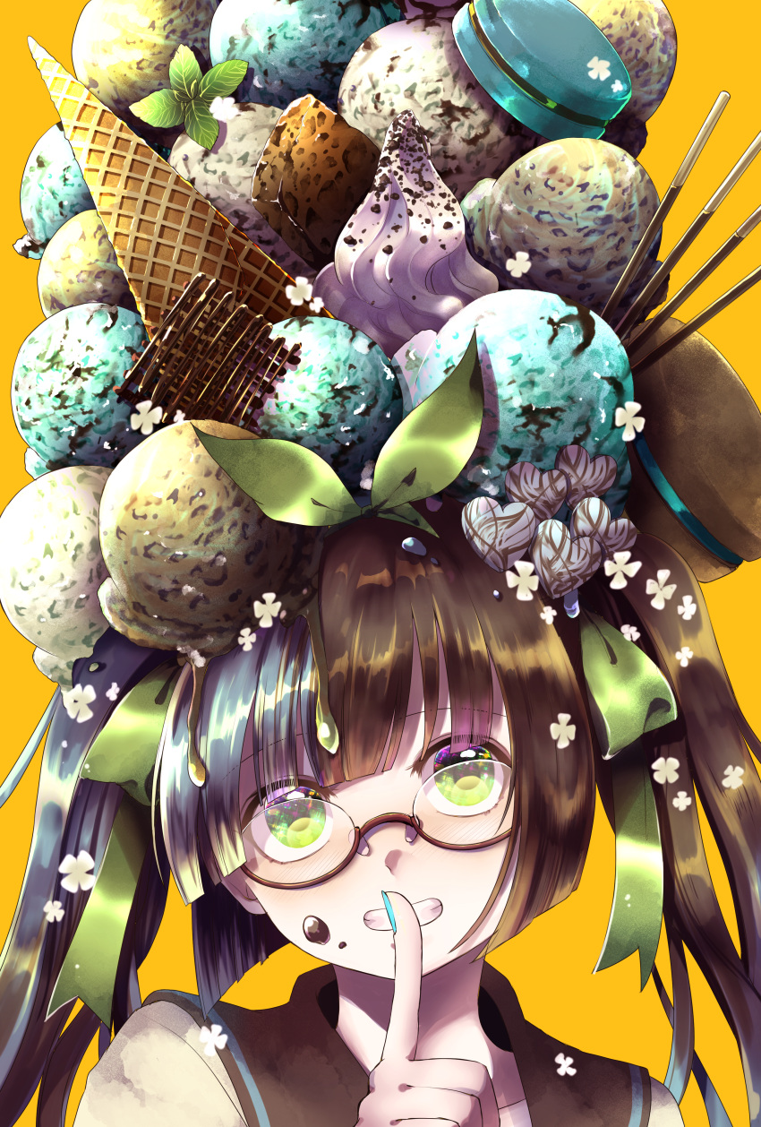 1girl absurdres aqua_hair aqua_nails bangs beige_shirt blunt_bangs blush bow brown-framed_eyewear brown_hair brown_sailor_collar chocolate_mint chocolate_mint_ice_cream chocolate_syrup close-up commentary_request eyebrows_visible_through_hair eyes_visible_through_hair finger_to_mouth flower food food_on_face food_on_head glasses green_bow green_eyes grin hair_bow hair_flower hair_ornament head_tilt heart highres huge_filesize ice_cream ice_cream_cone ice_cream_scoop long_hair looking_at_viewer macaron melting multicolored_hair nail_polish object_on_head original personification pocky sailor_collar sidelocks simple_background smile solo twintails wafer whipped_cream yellow_background zassou_(ukjpn)