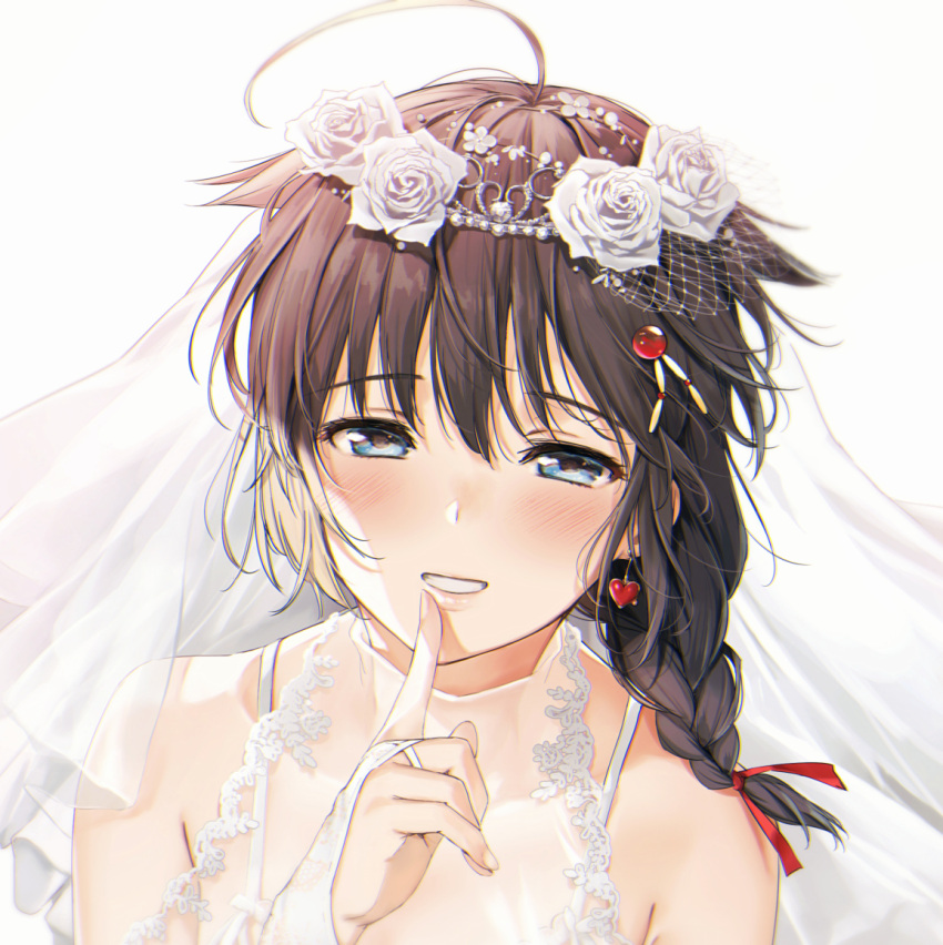 1girl ahoge bangs bare_shoulders black_hair blue_eyes blush braid bridal_gauntlets bridal_veil commentary dress earrings flower gloves hair_flaps hair_flower hair_ornament hair_over_shoulder hair_ribbon heart heart_earrings index_finger_raised jewelry kantai_collection long_hair looking_at_viewer parted_lips remodel_(kantai_collection) ribbon rose shigure_(kantai_collection) sidelocks smile solo tiara umakuchi_shouyu upper_body veil wedding_dress white_dress white_flower white_gloves white_rose