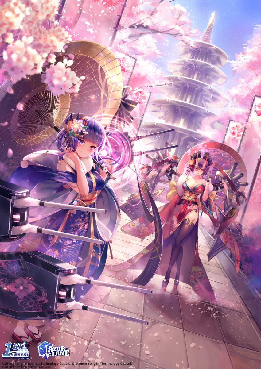 2girls :o absurdres architecture azur_lane bangs bare_shoulders black_legwear blue_eyes blue_hair blue_kimono blush breasts cherry_blossoms closed_mouth crossed_legs day detached_sleeves east_asian_architecture eyebrows_visible_through_hair fur_collar geta hair_between_eyes hair_ornament hand_up heterochromia highres holding holding_umbrella horns ibuki_(azur_lane) izumo_(azur_lane) janyhero japanese_clothes kimono large_breasts logo long_hair long_sleeves looking_at_viewer multiple_girls official_art oni_horns open_mouth oriental_umbrella outdoors petals pointy_ears purple_hair red_eyes red_kimono ribbon rigging sidelocks smile tabi thigh-highs torii tree umbrella watermark watson_cross wide_sleeves
