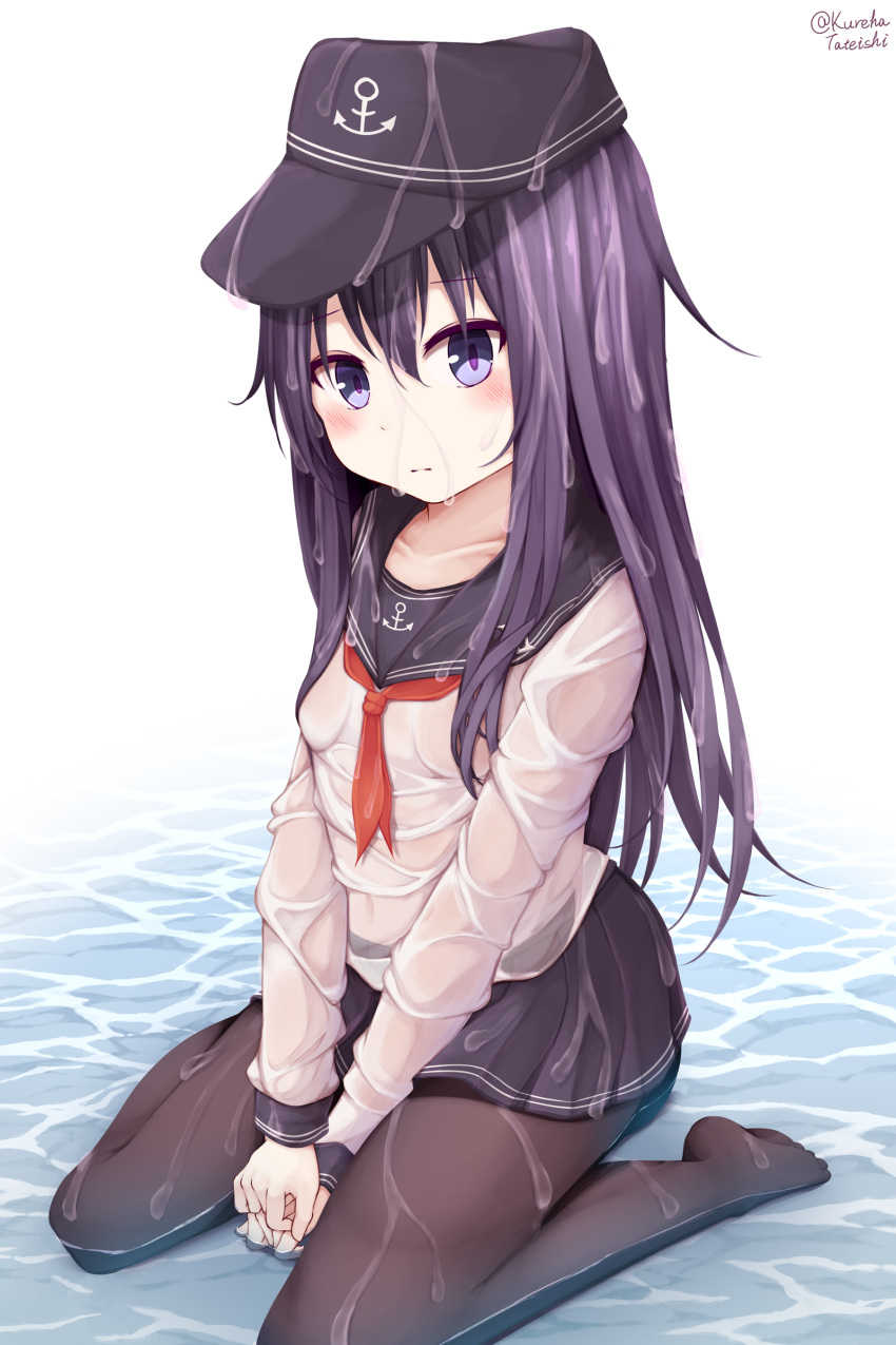 1girl absurdres akatsuki_(kantai_collection) anchor_symbol black_legwear blush breasts closed_mouth eyebrows_visible_through_hair flat_cap hair_between_eyes hair_ornament hamayuu_(litore) hat highres kantai_collection long_hair messy_hair pantyhose pleated_skirt purple_hair school_uniform serafuku sitting skirt small_breasts violet_eyes water water_drop wet wet_clothes