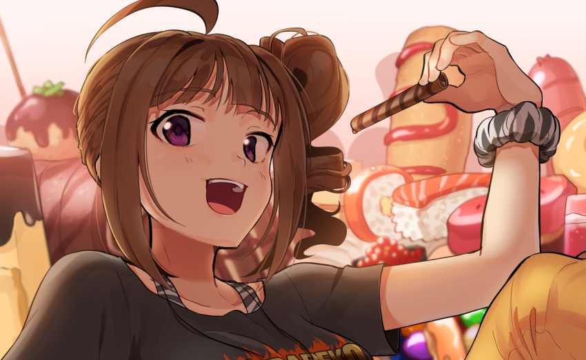 1girl :d arm_up bangs black_shirt blunt_bangs blurry brown_hair cake candy caviar chocolate_bar close-up clothes_writing corndog depth_of_field drill_hair eyebrows_visible_through_hair fingernails food holding holding_food idolmaster idolmaster_million_live! kamille_(vcx68) knee_up layered_clothing leaning_back looking_at_viewer medium_hair open_mouth pants pastry pudding sausage scrunchie shirt side_ponytail sidelocks smile solo striped_tank_top sushi swiss_roll tank_top teeth upper_body violet_eyes wafer_stick white_background wrist_scrunchie yellow_pants yokoyama_nao