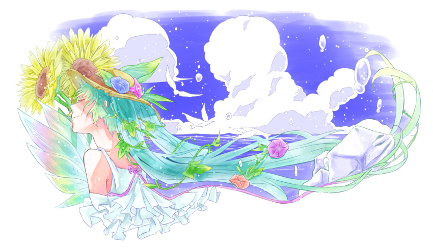 1girl absurdres aqua_hair bird blue_sky closed_eyes clouds commentary dress flower frilled_dress frills from_side hair_flower hair_ornament hat hat_flower hatsune_miku highres ice ice_cube leaf long_hair morning_glory ocean plant ritsuka_mash sky smile solo spaghetti_strap straw_hat summer sunflower twintails upper_body very_long_hair vines vocaloid water_drop white_bird white_dress wings