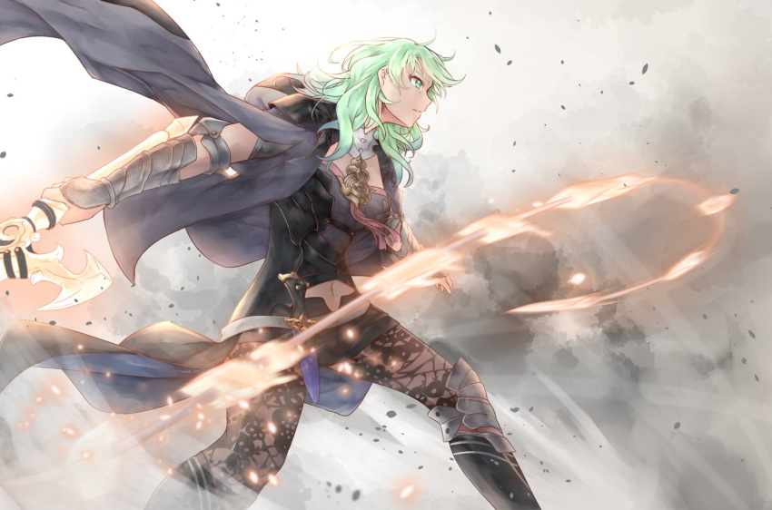 1girl breasts byleth_(fire_emblem) byleth_eisner_(female) dagger fire_emblem fire_emblem:_three_houses green_eyes green_hair limitless_skye medium_breasts navel navel_cutout pantyhose shorts tagme vambraces weapon whip_sword