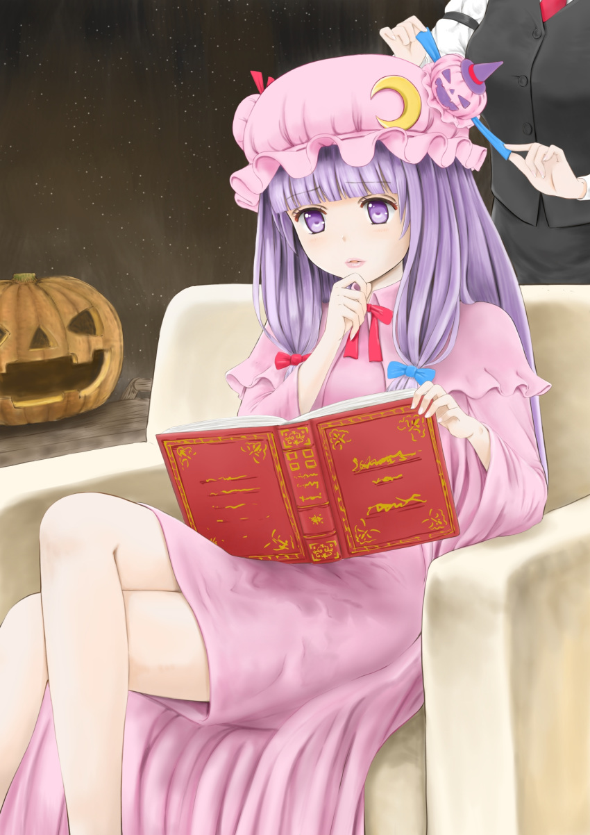 2girls armband bangs behind_another black_vest blunt_bangs book bosutonii crescent crescent_hair_ornament crossed_legs double_bun eyebrows_visible_through_hair feet_out_of_frame hair_ornament hand_on_own_chin hat highres holding holding_book holding_ribbon jack-o'-lantern koakuma lavender_hair lips long_hair looking_down mob_cap multiple_girls necktie open_book out_of_frame parted_lips patchouli_knowledge pink_headwear pink_robe reading red_neckwear ribbon shirt sitting standing touhou tying very_long_hair vest violet_eyes waistcoat white_shirt witch_hat