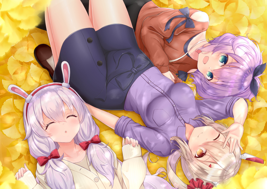 3girls :d :o ;) absurdres animal_ears arm_up ayanami_(azur_lane) azur_lane bangs black_ribbon blue_skirt blush bow breasts brown_eyes brown_footwear brown_jacket brown_shirt closed_eyes collared_shirt commentary_request dress_shirt eyebrows_visible_through_hair ginkgo ginkgo_leaf green_eyes hair_between_eyes hair_bow hair_ornament hair_ribbon hair_scrunchie hairband hairclip hands_up headgear highres impossible_clothes impossible_skirt jacket javelin_(azur_lane) laffey_(azur_lane) light_brown_hair long_sleeves low_twintails lying medium_breasts mentai_mayo multiple_girls on_back one_eye_closed open_mouth parted_lips purple_hair purple_shirt rabbit_ears red_bow red_hairband red_scrunchie ribbon scrunchie shirt shoes short_sleeves shoulder_cutout side_ponytail silver_hair skirt sleeves_past_wrists smile twintails