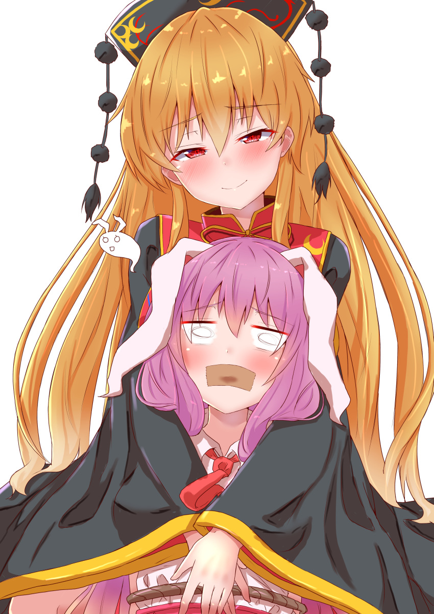 2girls absurdres animal_ears bangs black_dress blank_eyes blonde_hair blush bound commentary_request constricted_pupils dress eyebrows_visible_through_hair facing_viewer gag gagged giving_up_the_ghost hair_between_eyes head_tilt headdress highres hug hug_from_behind improvised_gag junko_(touhou) long_hair long_sleeves mukkushi multiple_girls necktie pom_pom_(clothes) purple_hair rabbit_ears red_eyes red_neckwear reisen_udongein_inaba rope shirt simple_background smile tabard tape tape_gag tassel tied_up touhou white_background white_shirt wide_sleeves yuri