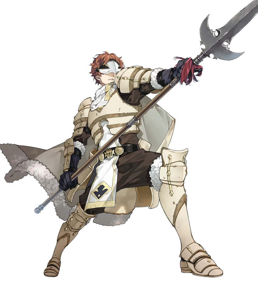 1boy 88_taho armor armored_boots boots cape conrad_(fire_emblem) fire_emblem fire_emblem_echoes:_shadows_of_valentia fire_emblem_heroes full_body fur_trim gloves highres mask official_art orange_hair polearm scarf solo spear transparent_background weapon