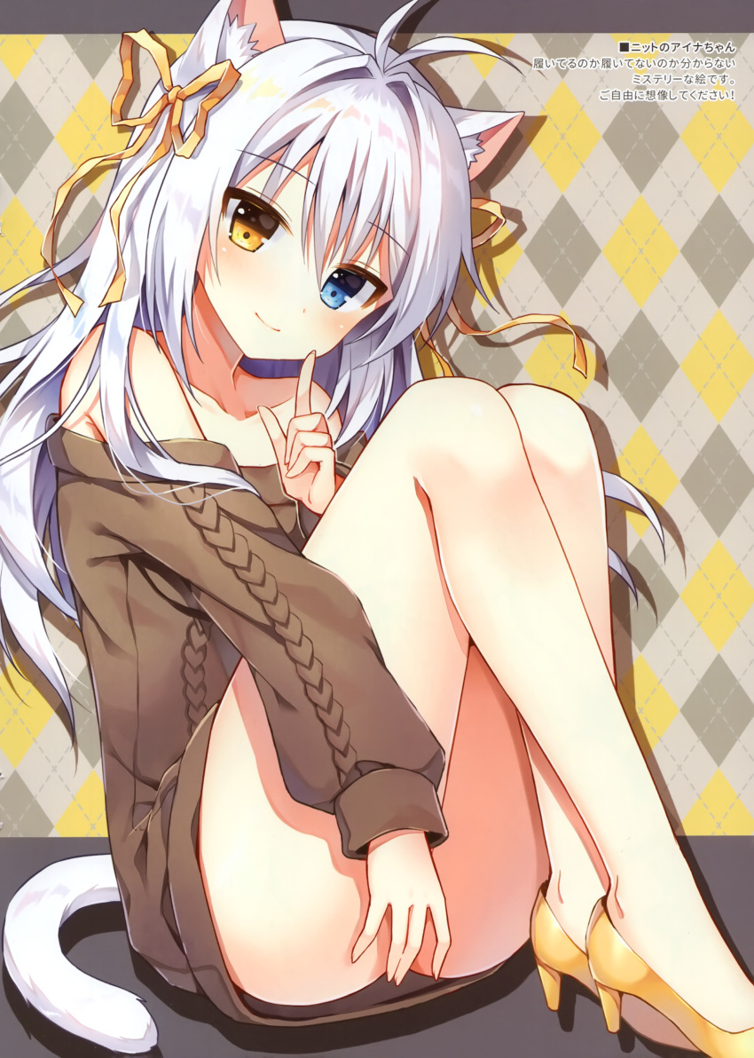 1girl absurdres ahoge aina_rive animal_ears argyle argyle_background bangs bare_shoulders blue_eyes bow bowtie cat_ears cat_tail collarbone dress eyebrows_visible_through_hair finger_to_mouth fingernails hand_up heterochromia high_heels highres knees_up long_sleeves looking_at_viewer mauve original ribbed_sweater scan shiny shiny_hair shushing simple_background sitting smile solo sunshine_creation sweater sweater_dress tail thighs white_hair yellow_eyes yellow_footwear